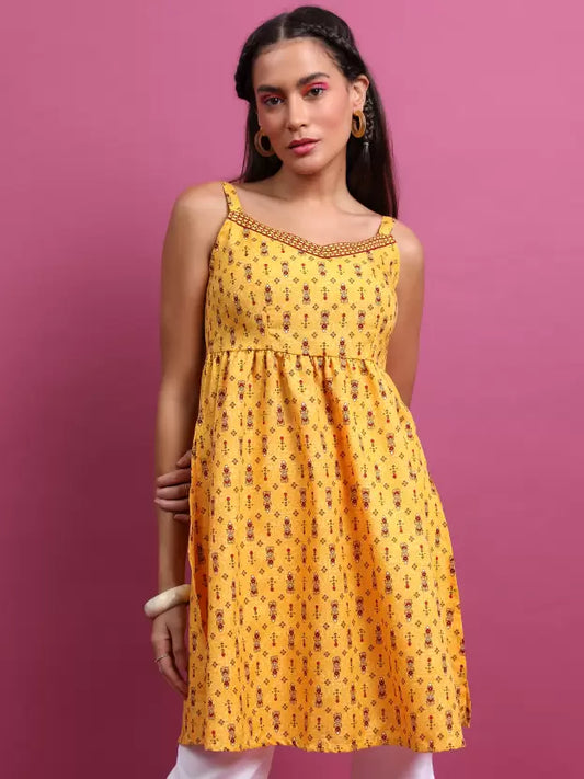 Women Printed Cotton Blend Ethnic Dress  (Yellow, Maroon)