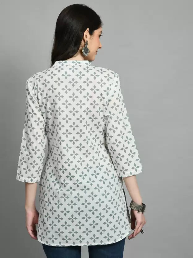 Casual Roll Up Sleeves Printed Women White, Grey Top