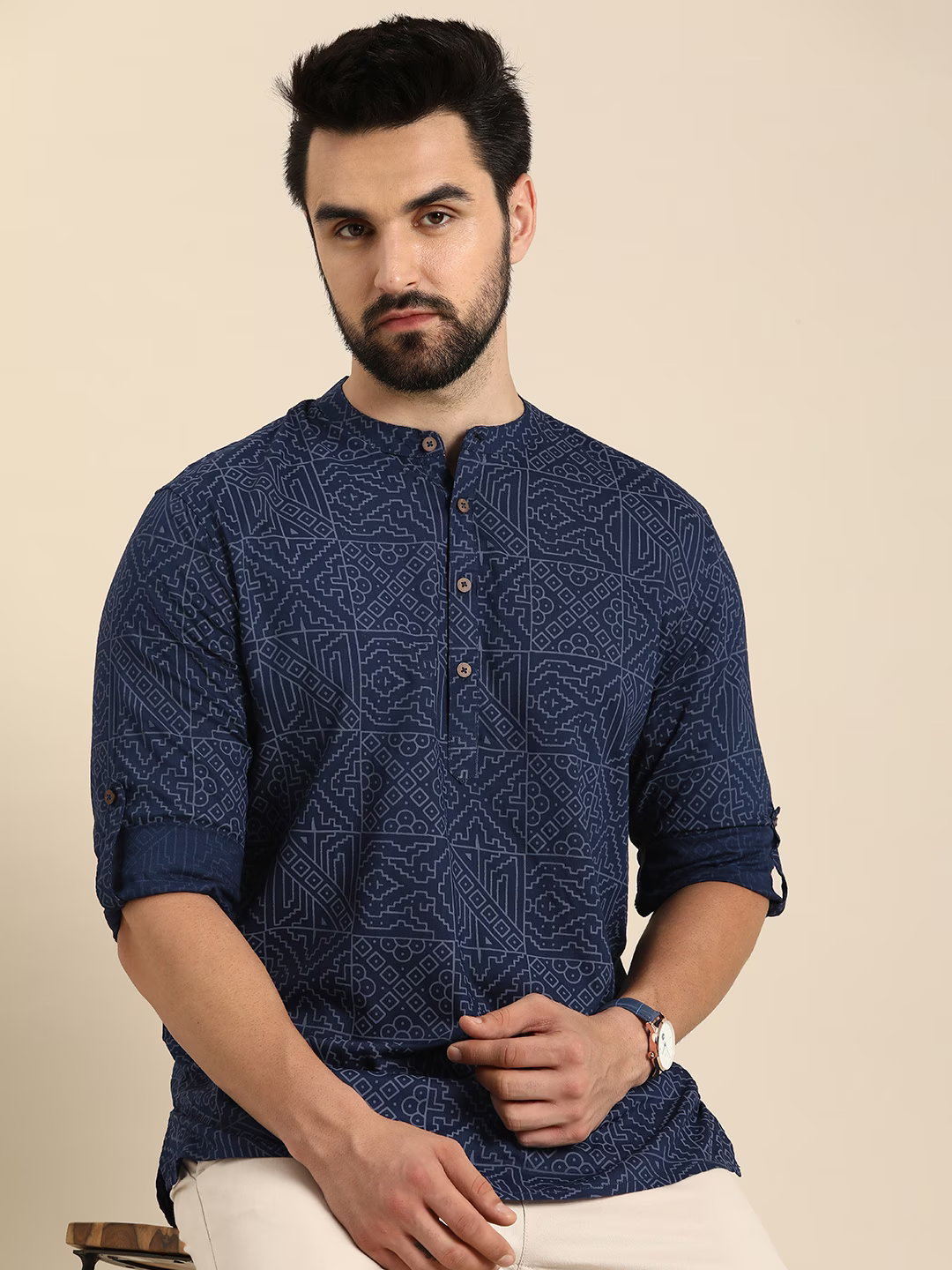 Men Geometric Printed Cotton Indigo Kurta