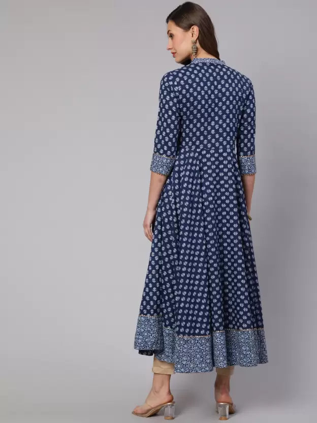 Women Printed Pure Cotton Flared Kurta (Blue)