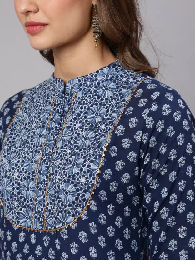 Women Printed Pure Cotton Flared Kurta (Blue)