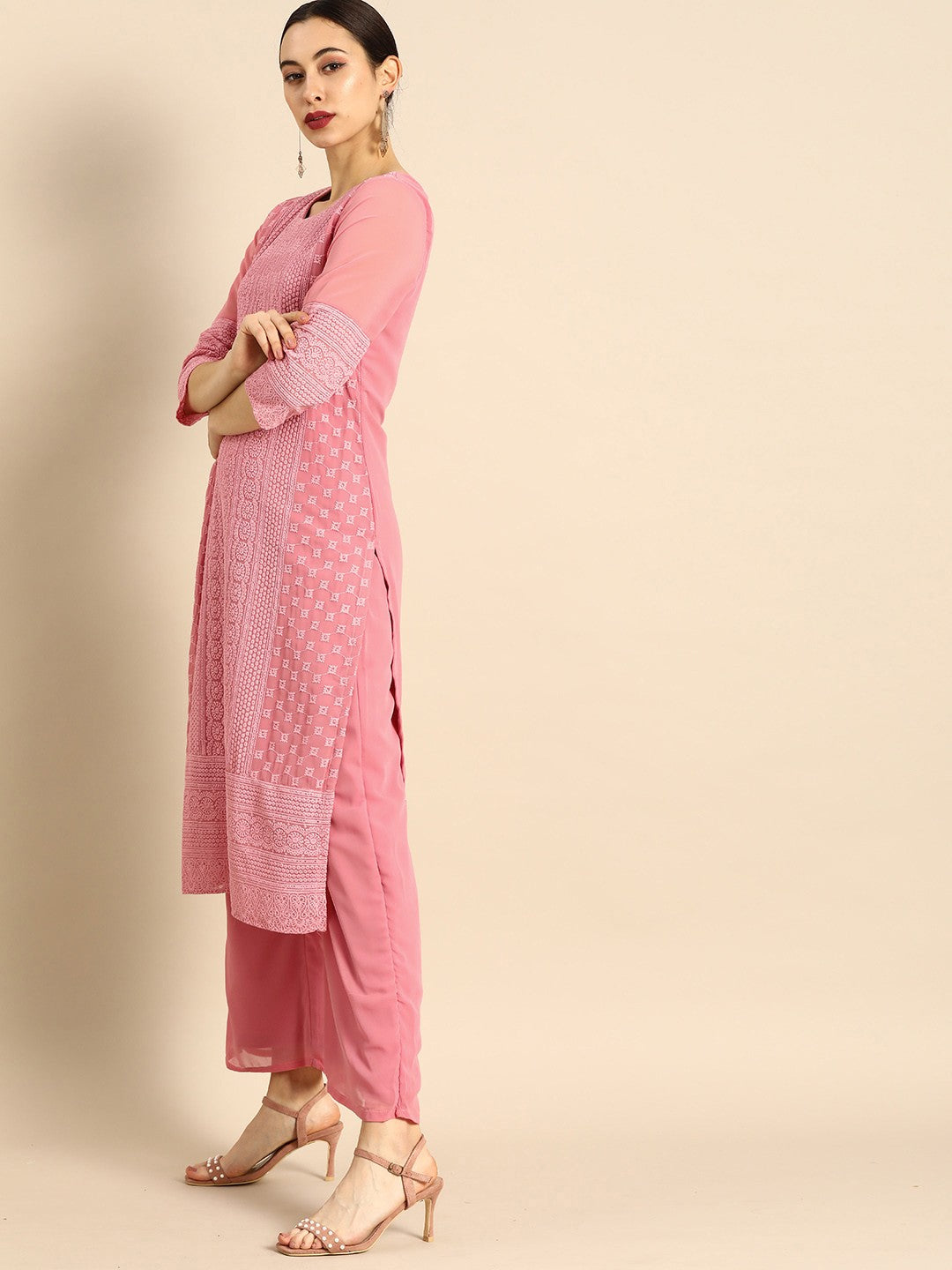 Women Peach Embroidered Kurta Set