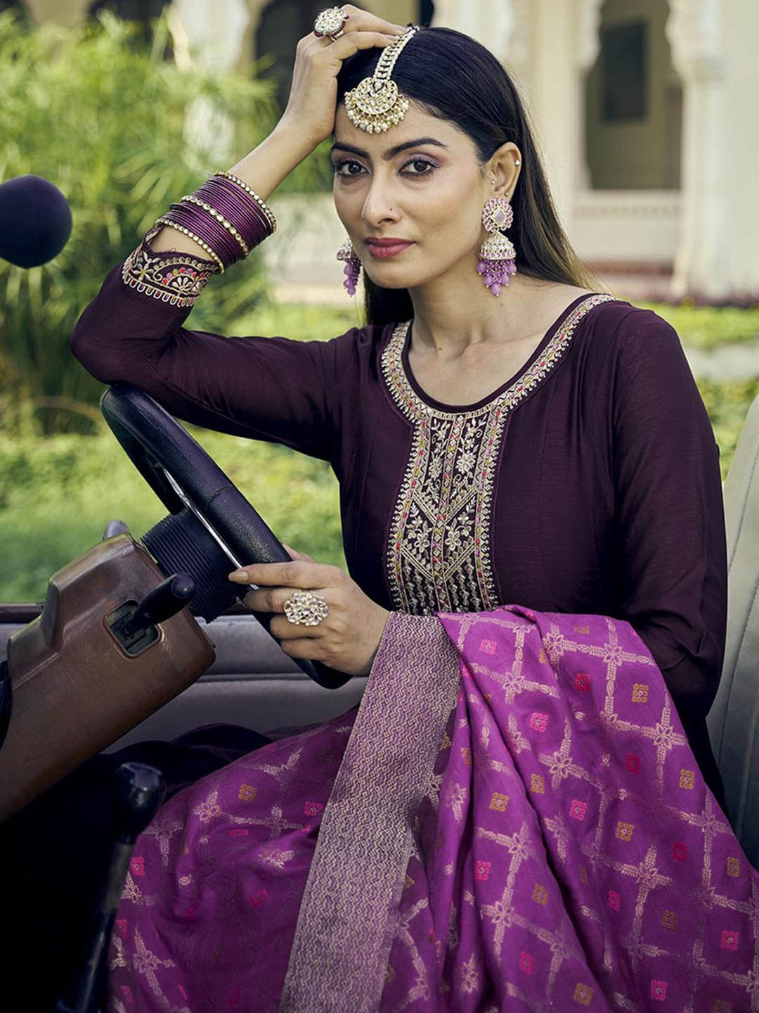Women Floral Embroidered Pleated Sequinned Kurta with Trousers & With Dupatta