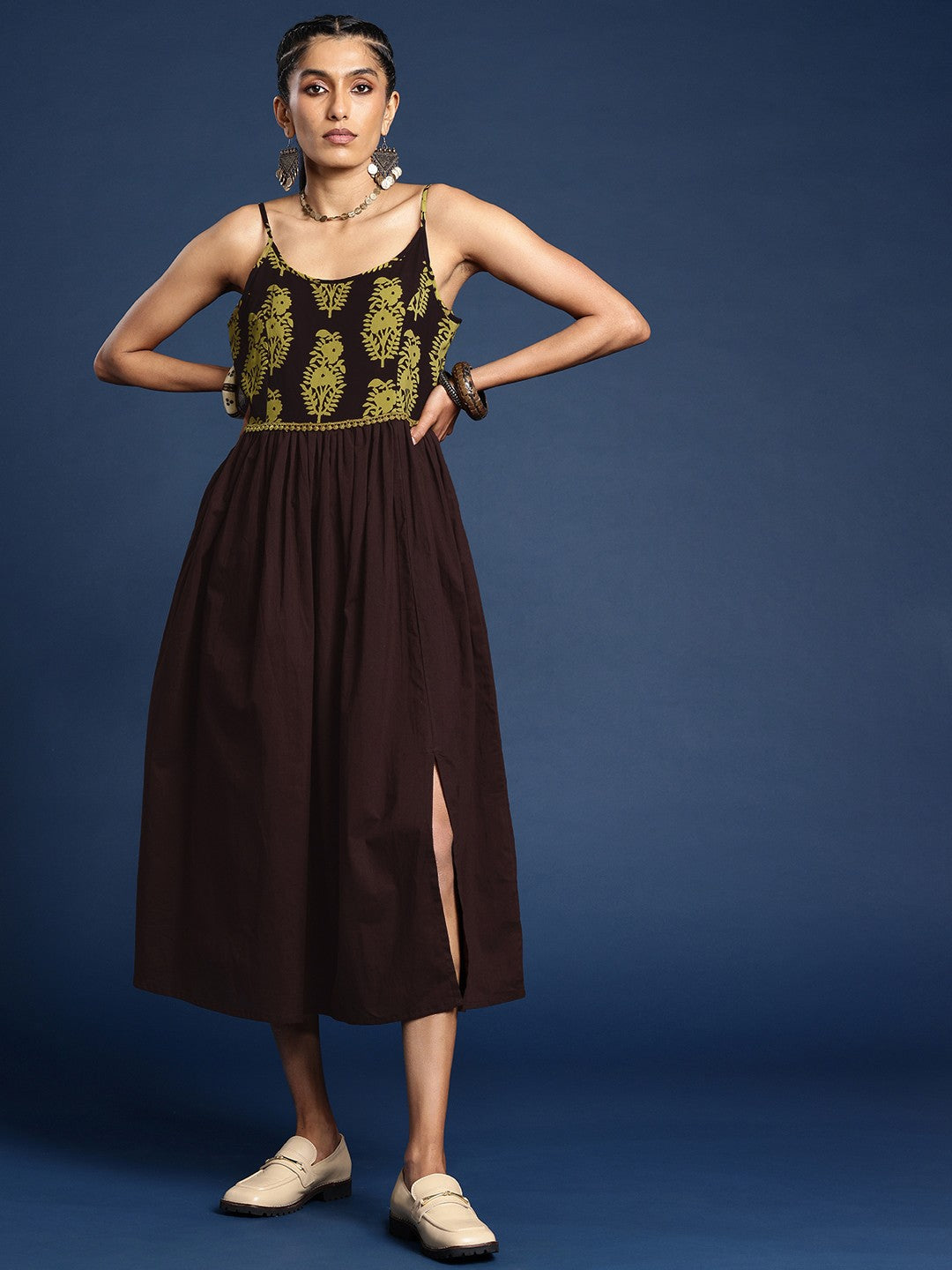 Floral Printed Shoulder Straps Pure Cotton A-Line Bagh Ethnic Dress