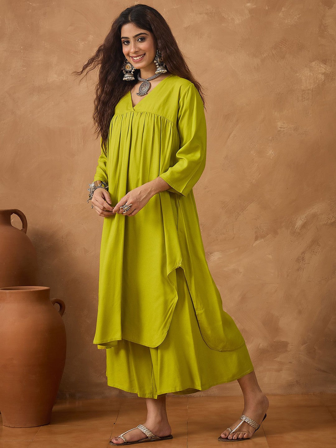 V-Neck Empire A-Line Kurta With Palazzos