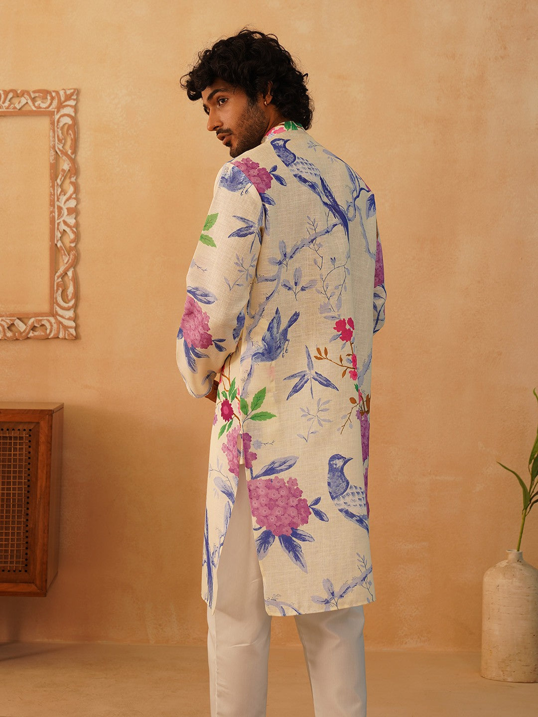Floral Printed Pure Cotton Mandarin Collar Kurta With Trousers