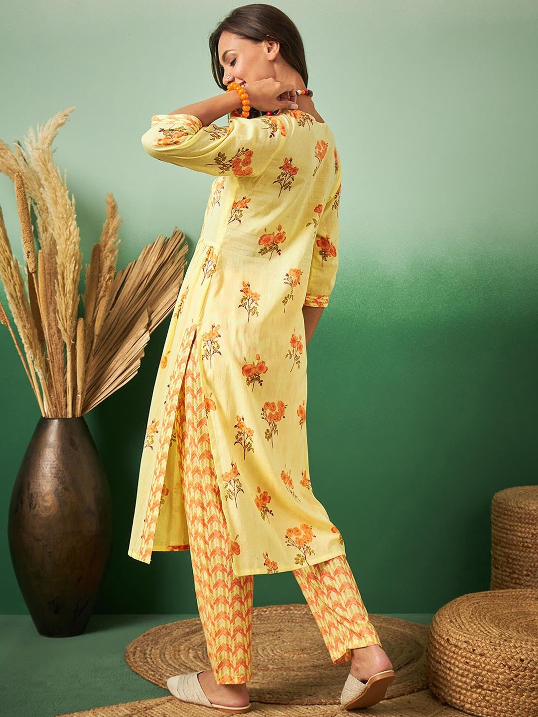 Floral Printed Pleated Straight Organic Cotton Kurta With Trousers