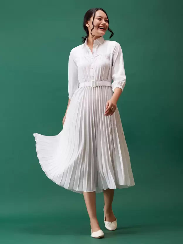 Women Trendy Pleated White Dress
