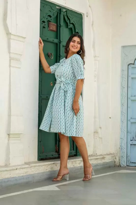 Women A line Light Blue and White Dress