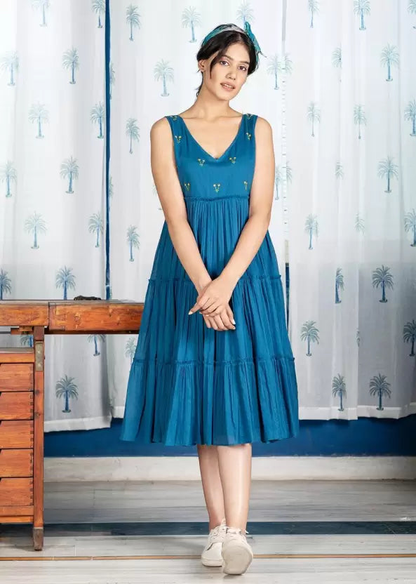 Women A-line Blue Yellow Dress