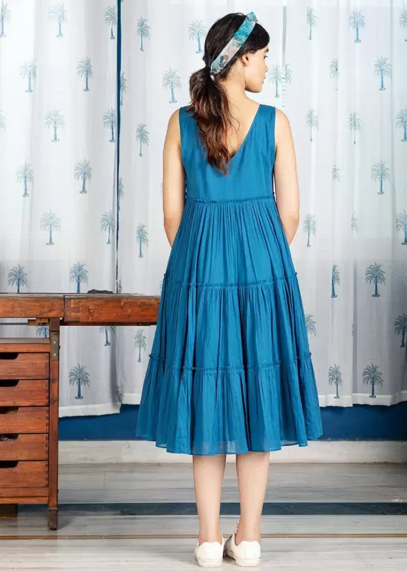 Women A-line Blue Yellow Dress