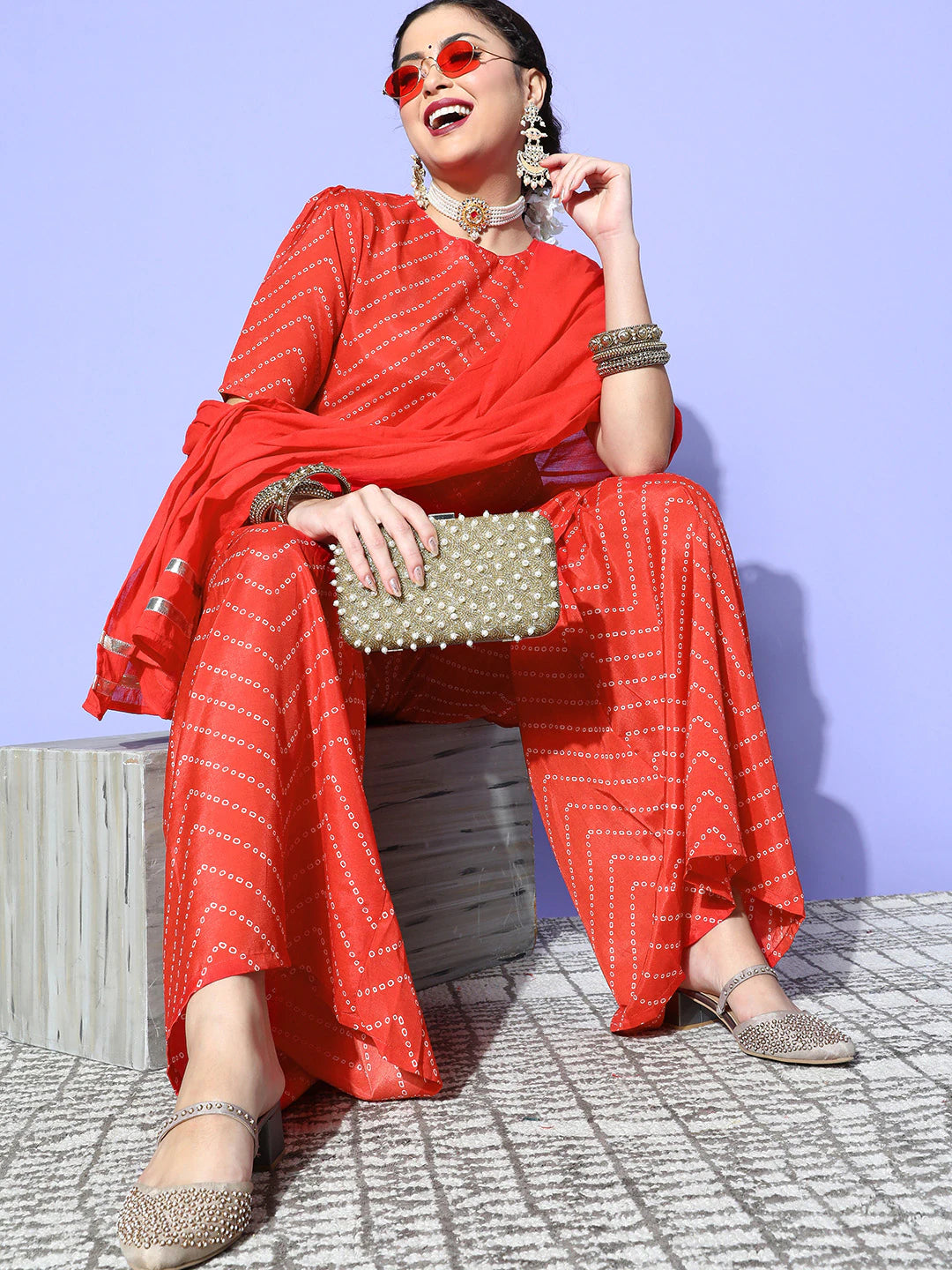 Women Bandhani Polyester Fusion Bottom Kurta Set