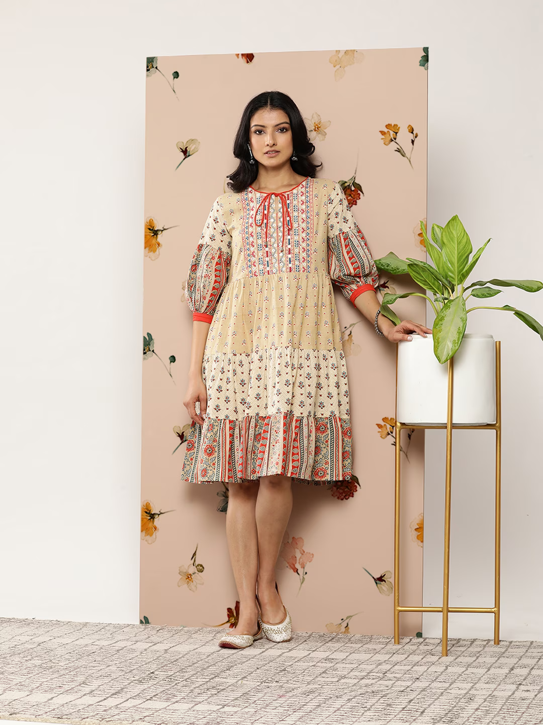 Women Beige & Red Printed Tiered Dress