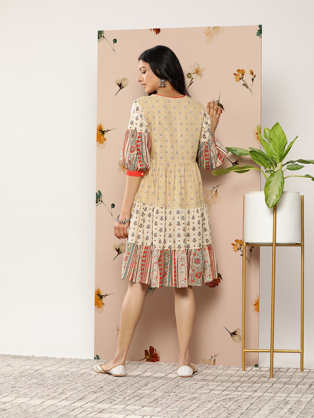 Women Beige & Red Printed Tiered Dress