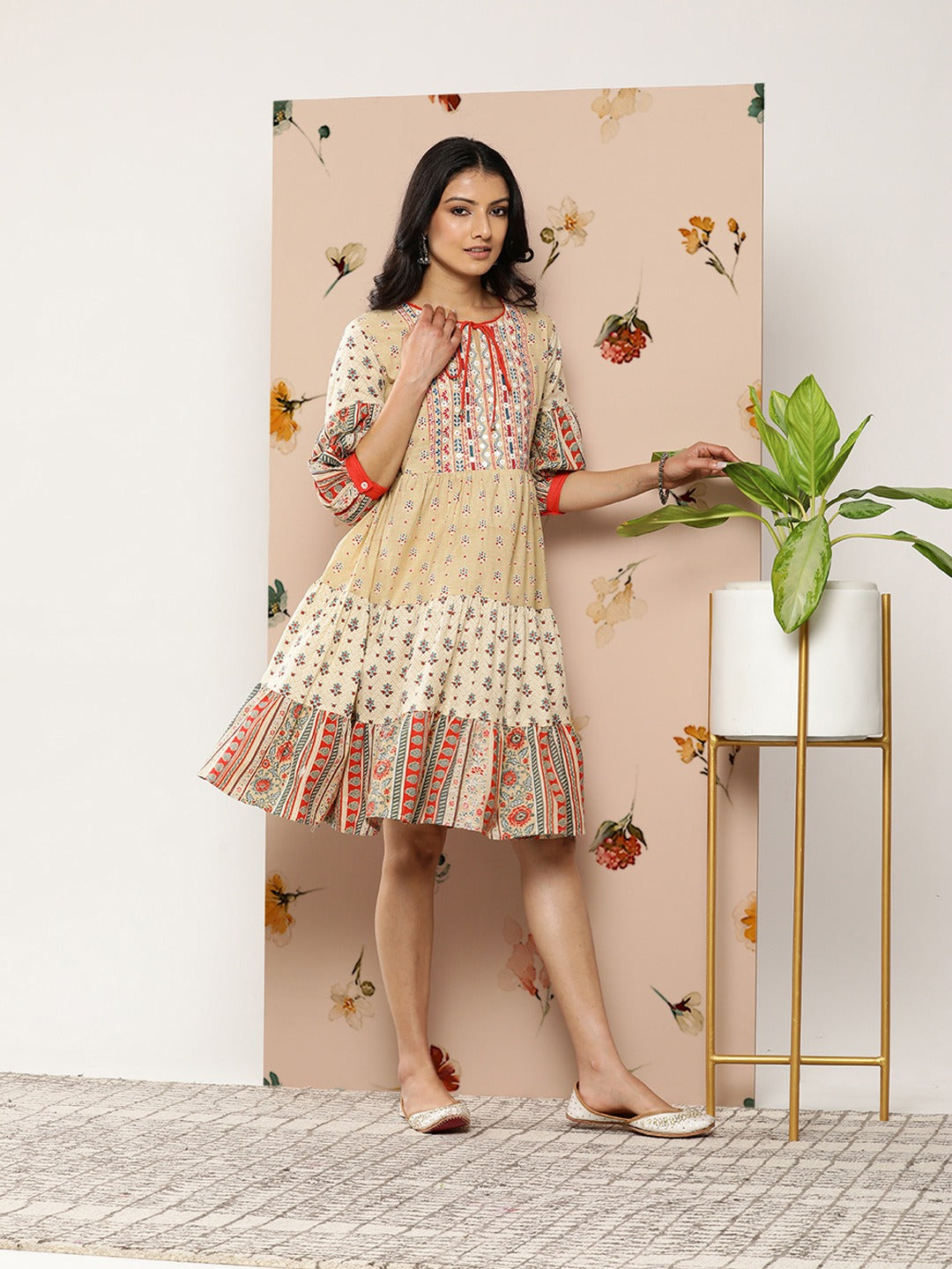 Women Beige & Red Printed Tiered Dress