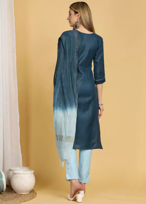 Women Cotton Blend Kurti Pant Dupatta Set