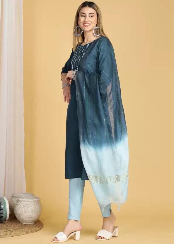 Women Cotton Blend Kurti Pant Dupatta Set