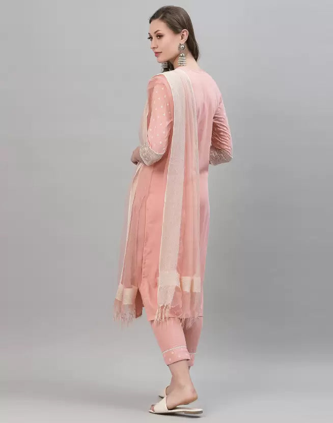 Women Cotton Blend, Silk Blend Kurta, Pant And Dupatta Set