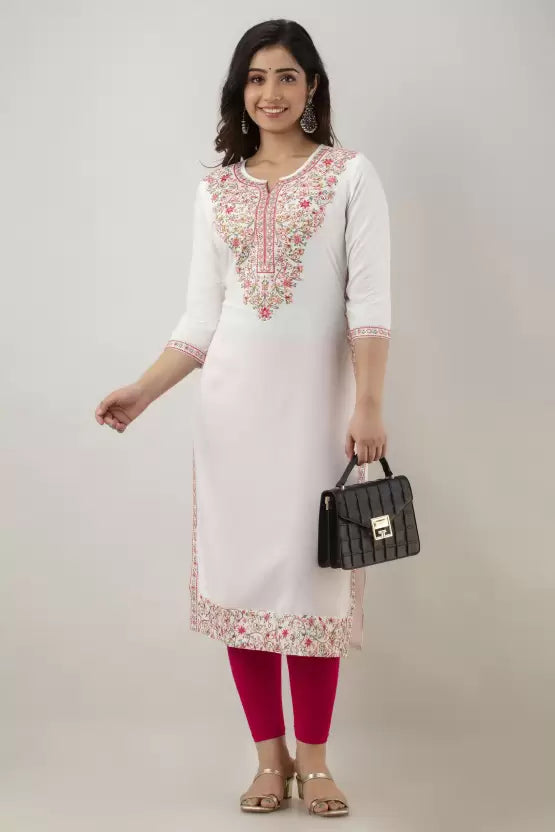 Women Embroidered Viscose Rayon Straight Kurta
