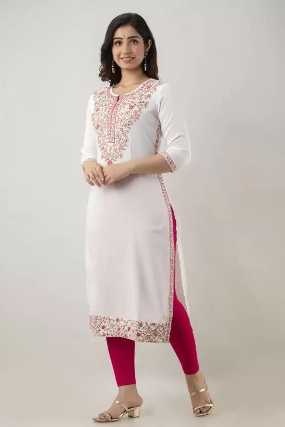 Women Embroidered Viscose Rayon Straight Kurta