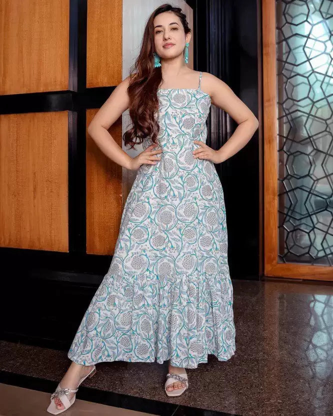 Women Ethnic Grey and Light Blue Dress