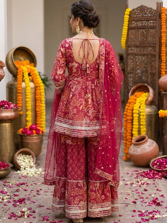 Women Ethnic Motifs Printed Regular Pure Cotton Kurta with Sharara & With Dupatta