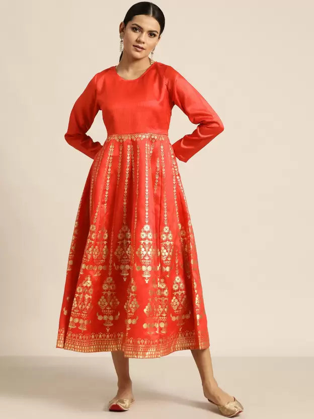 Women Fit and Flare Red Gold Dress