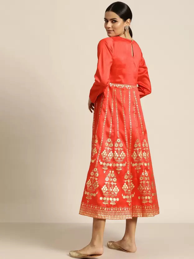 Women Fit and Flare Red Gold Dress