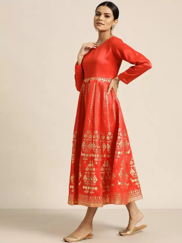 Women Fit and Flare Red Gold Dress