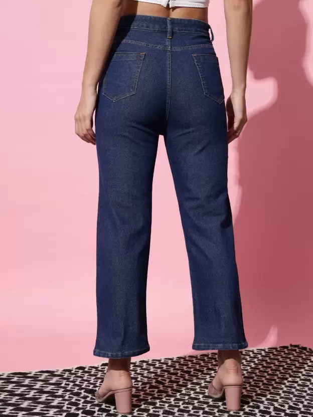 Women Flared Mid Rise Blue Jeans