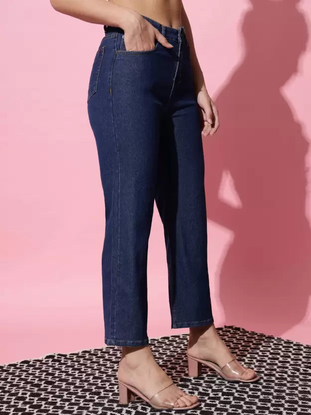 Women Flared Mid Rise Blue Jeans