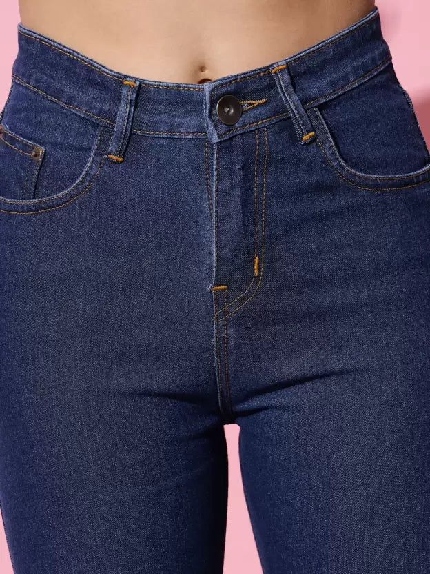 Women Flared Mid Rise Blue Jeans