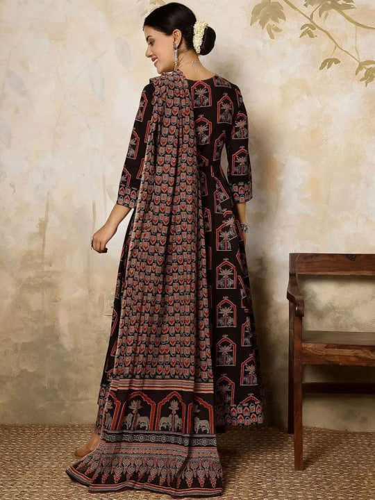 Women Floral Printed Angrakha Mirror Work Pure Cotton Kurta with Trousers & With Dupatta