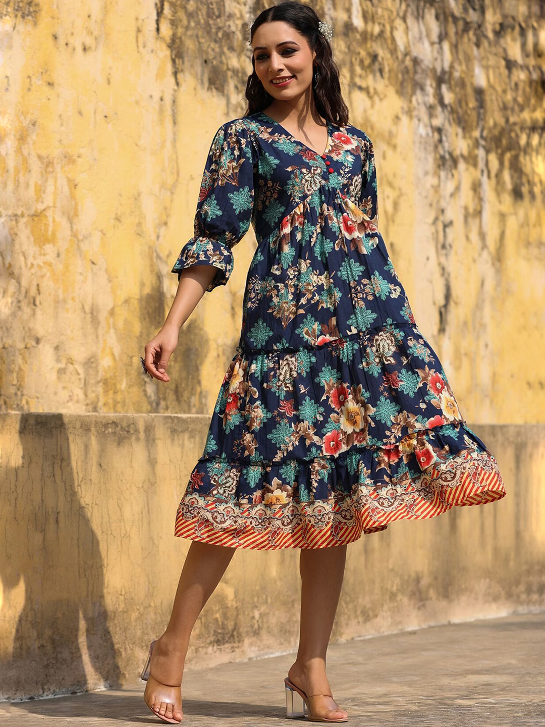 Women Floral Printed Pure Cotton A-Line Midi Dress