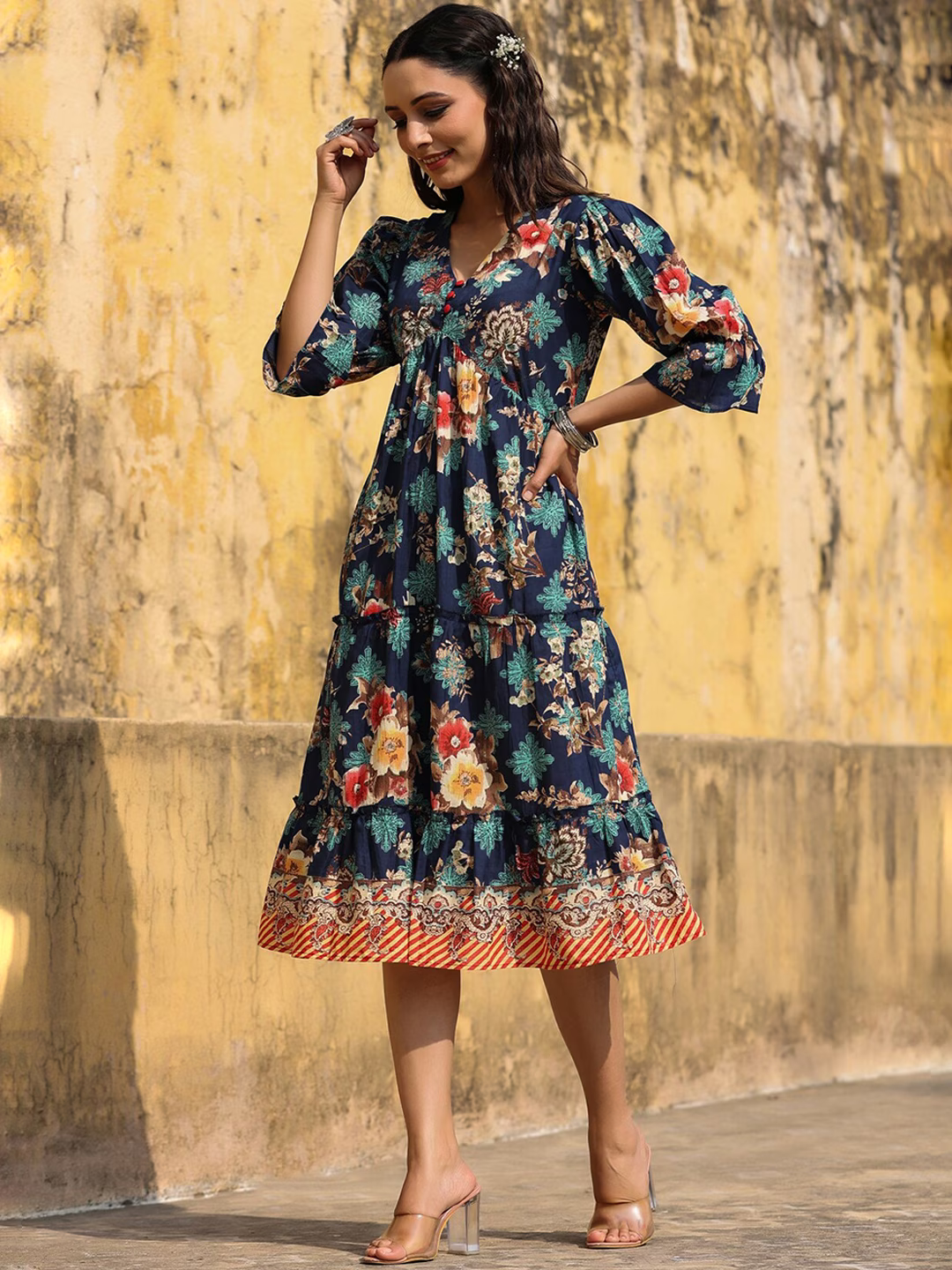 Women Floral Printed Pure Cotton A-Line Midi Dress