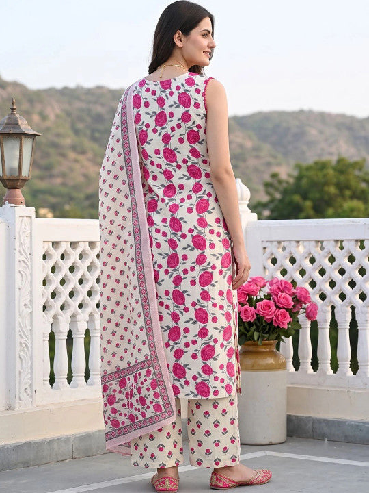 Women Floral Printed Regular Pure Cotton Kurta with Palazzos & With Dupatta