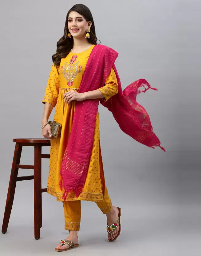 Women Kurta Pant And Dupatta Set Cotton Rayon