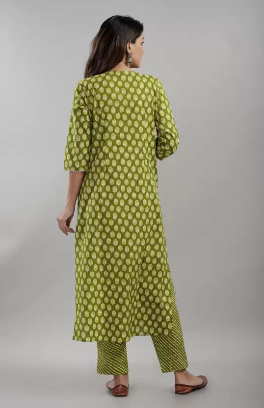 Women Green Kurta Pant And Dupatta Set Pure Cotton