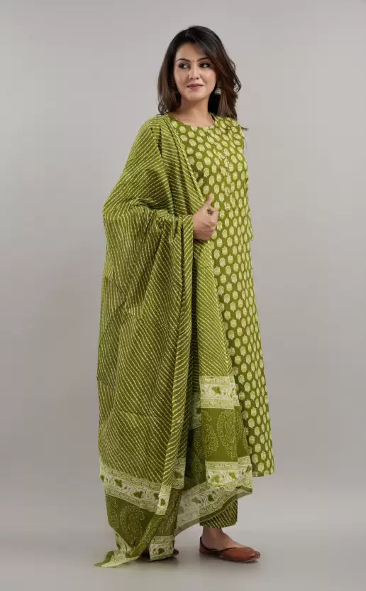 Women Green Kurta Pant And Dupatta Set Pure Cotton