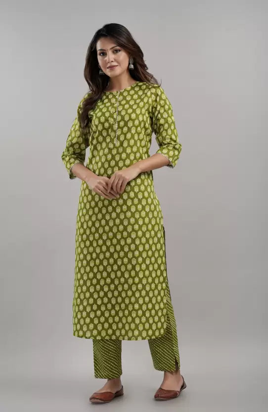 Women Green Kurta Pant And Dupatta Set Pure Cotton