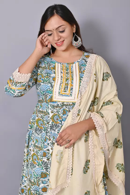 Women Kurta Pyjama & Dupatta Set Cotton Blend