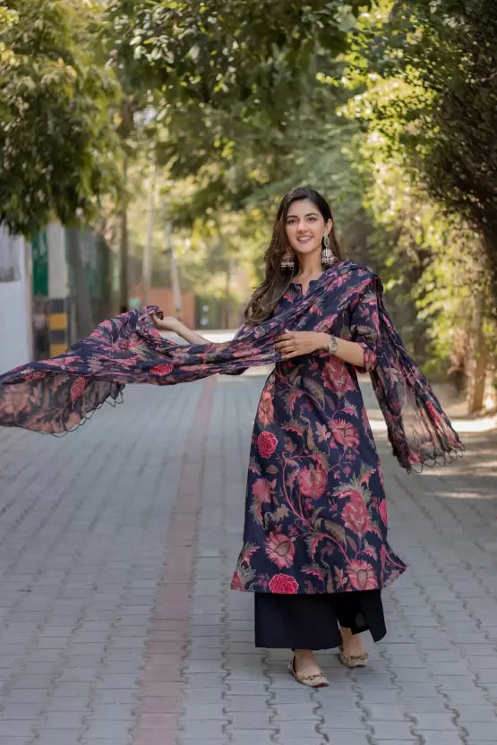 Women Kurta Sharara and Dupatta Set Cotton Blend