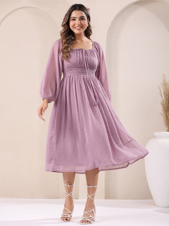 Women Lavender Dobby Chiffon Self Design Fit & Flare Dress