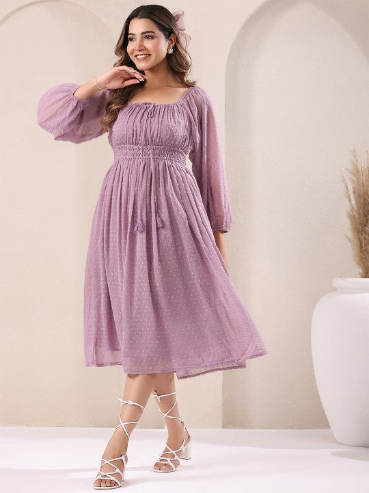 Women Lavender Dobby Chiffon Self Design Fit & Flare Dress