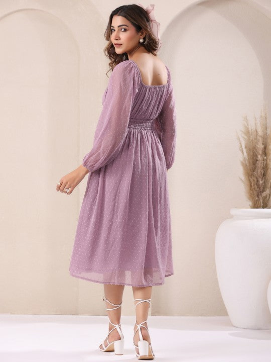 Women Lavender Dobby Chiffon Self Design Fit & Flare Dress