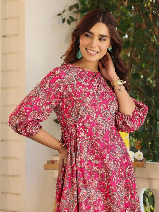 Women Pink Pure Cotton Floral Printed Tiered Dress