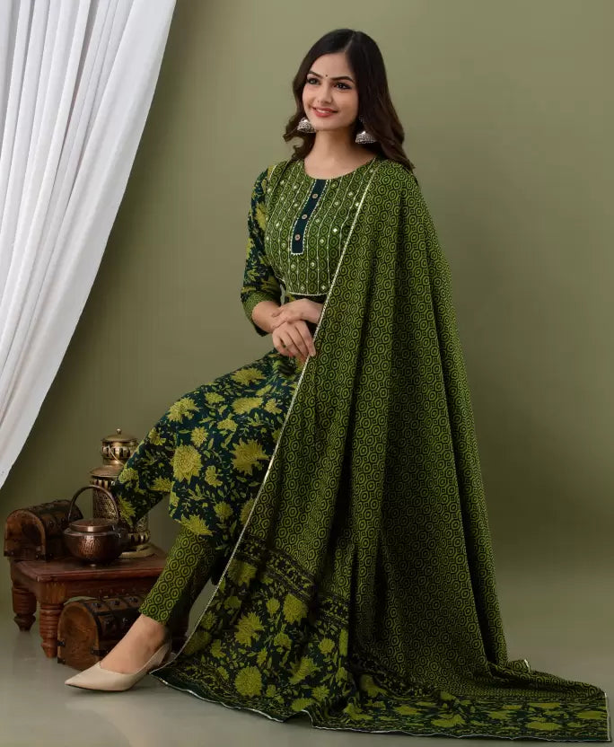 Women Pure Cotton Kurta Pyjama & Dupatta Set