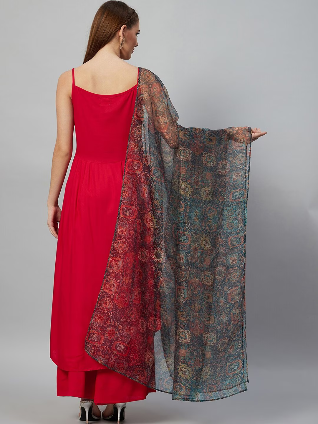 Women Red & Green Pleated Kurta with Palazzos & With Dupatta