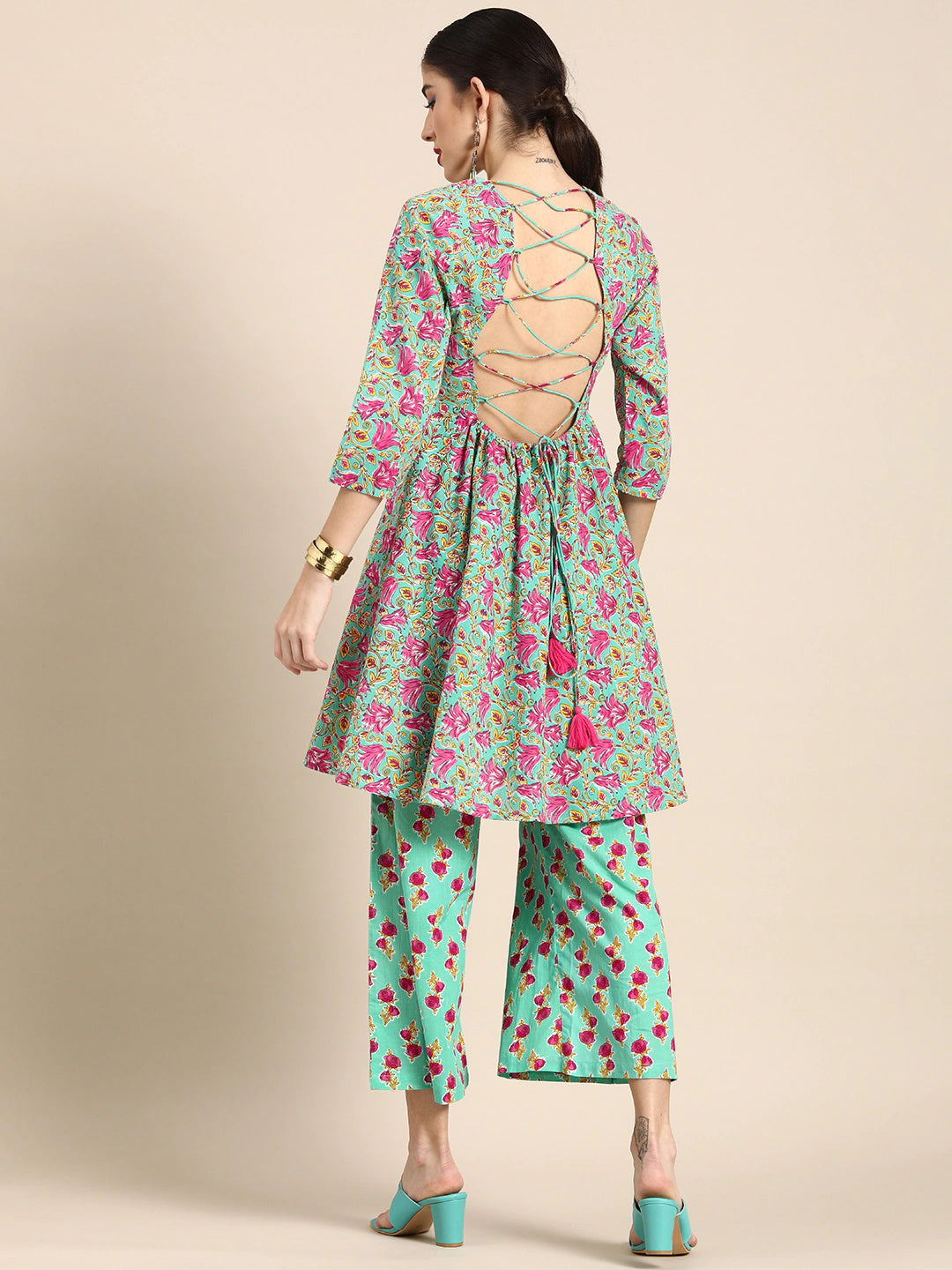 Women Sea Green Floral Printed Pure Cotton Kurta with Palazzos
