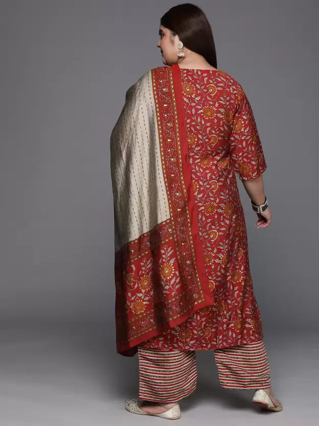 Women Silk Blend Kurta Palazzo Dupatta Set
